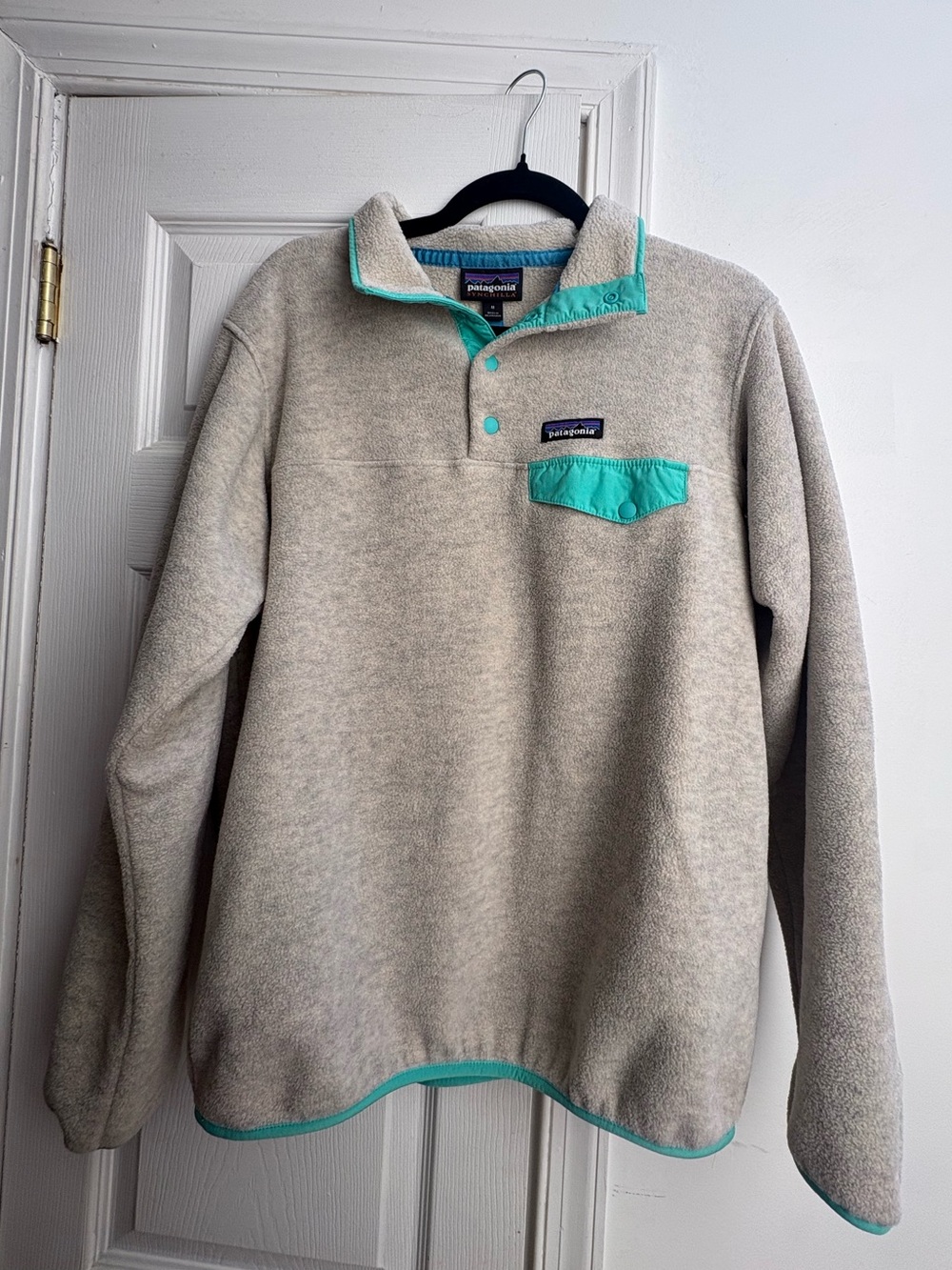 Patagonia Women’s Beige Fleece Snap Pullover with Teal Trim